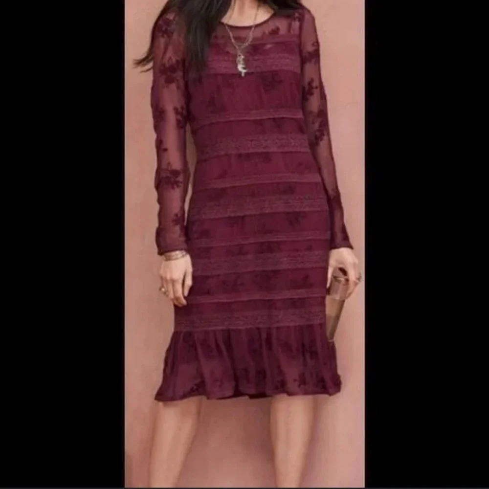 NWT Sundance Sheer Lace Dress 4 Burgundy Midi Embroidered Fairy Boho Party